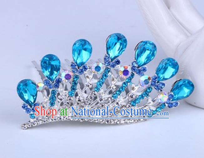 Top Grade Handmade Chinese Classical Hair Accessories, Children Baroque Style Headband Princess Royal Crown Blue Rhinestone Coronet, Hair Sticks Hair Jewellery, Hair Clasp for Kids Girls