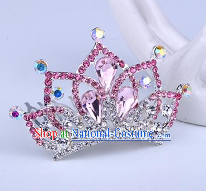 Top Grade Handmade Chinese Classical Hair Accessories, Children Baroque Style Headband Princess Royal Crown Pink Rhinestone Imperial Crown, Hair Sticks Hair Jewellery, Hair Clasp for Kids Girls