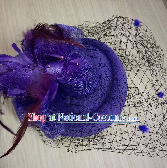 Top Grade Handmade Chinese Classical Hair Accessories, Children Baroque Style Headband Princess Purple Veil Top-hat, Hair Sticks Headwear Hats for Kids Girls