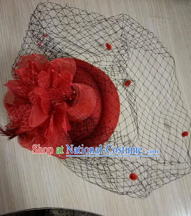 Top Grade Handmade Chinese Classical Hair Accessories, Children Baroque Style Headband Princess Red Veil Top-hat, Hair Sticks Headwear Hats for Kids Girls