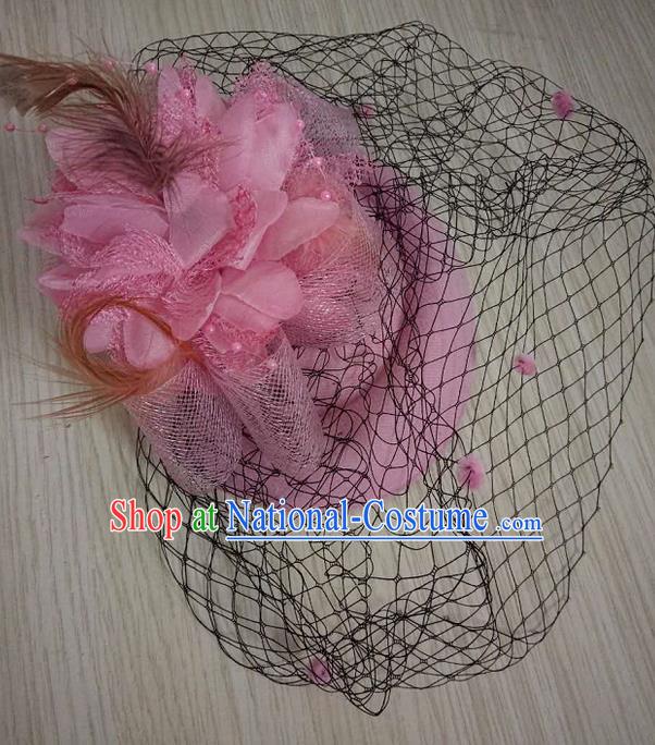 Top Grade Handmade Chinese Classical Hair Accessories, Children Baroque Style Headband Princess Light Pink Veil Top-hat, Hair Sticks Headwear Hats for Kids Girls