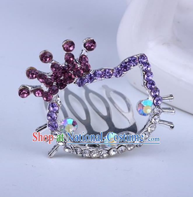 Top Grade Handmade Chinese Classical Hair Accessories, Children Baroque Style Headband Princess Purple Rhinestone Royal Crown, Hair Sticks Hair Jewellery, Cartoon Hair Clasp for Kids Girls