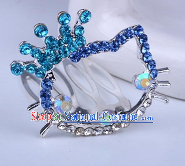 Top Grade Handmade Chinese Classical Hair Accessories, Children Baroque Style Headband Princess Blue Rhinestone Royal Crown, Hair Sticks Hair Jewellery, Cartoon Hair Clasp for Kids Girls