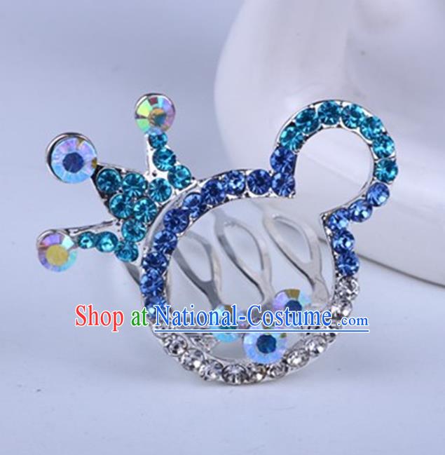 Top Grade Handmade Chinese Classical Hair Accessories, Children Baroque Style Headband Princess Blue Rhinestone Cute Royal Crown, Hair Sticks Hair Jewellery, Cartoon Hair Clasp for Kids Girls