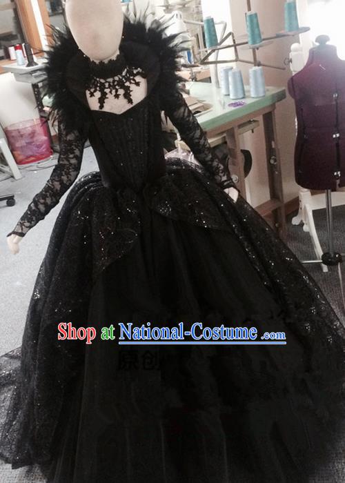 Traditional Chinese Modern Dancing Compere Performance Costume, Children Opening Classic Chorus Singing Group Dance Princess Black Trailing Full Dress, Modern Dance Halloween Party Dress for Girls Kids