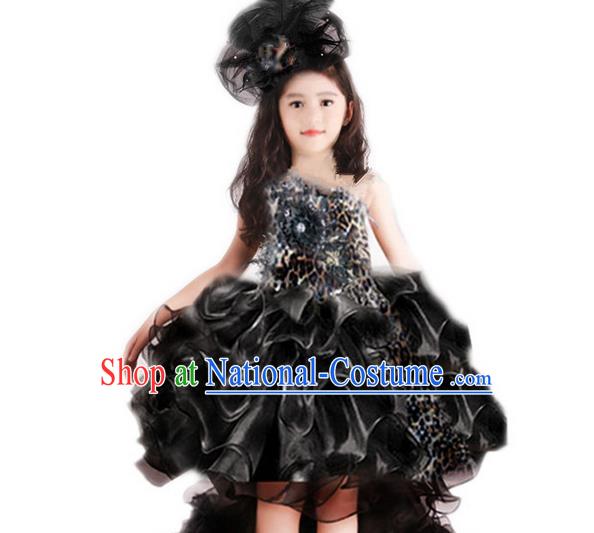 Traditional Chinese Modern Dancing Compere Performance Costume, Children Opening Classic Chorus Singing Group Dance Princess Black Leopard Trailing Full Dress, Modern Dance Halloween Party Dress for Girls Kids