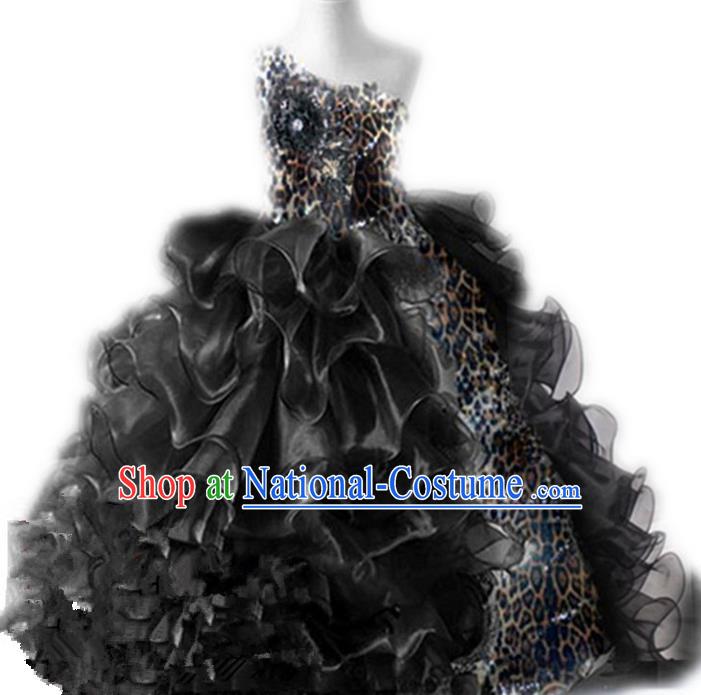 Traditional Chinese Modern Dancing Compere Performance Costume, Children Opening Classic Chorus Singing Group Dance Princess Black Leopard Long Bubble Full Dress, Modern Dance Halloween Party Dress for Girls Kids