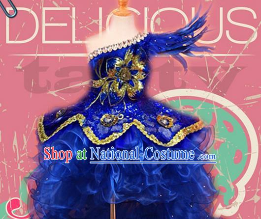 Traditional Chinese Modern Dancing Compere Performance Costume, Children Opening Classic Chorus Singing Group Dance Princess Blue Long Trailing Bubble Full Dress, Modern Dance Halloween Party Dress for Girls Kids