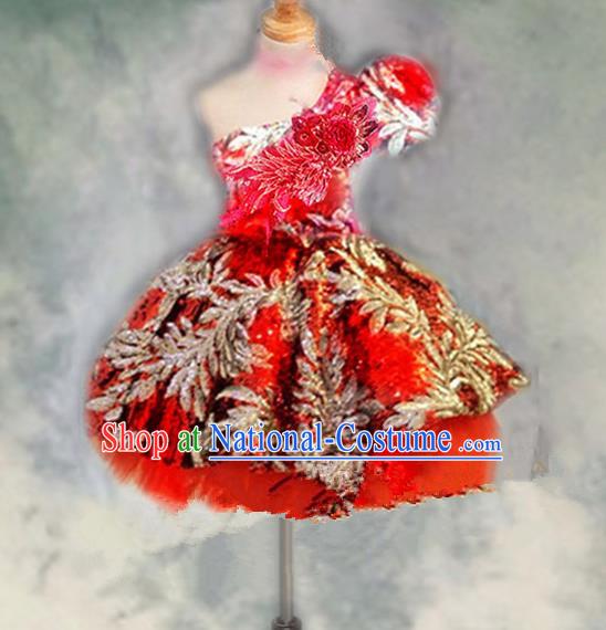 Traditional Chinese Modern Dancing Compere Performance Costume, Children Opening Classic Chorus Singing Group Dance Princess One-shoulder Red Bubble Full Dress, Modern Dance Halloween Party Dress for Girls Kids