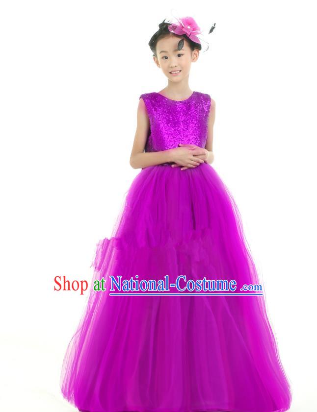 Traditional Chinese Modern Dancing Compere Performance Costume, Children Opening Classic Chorus Singing Group Dance Princess Purple Long Full Dress, Modern Dance Halloween Party Dress for Girls Kids