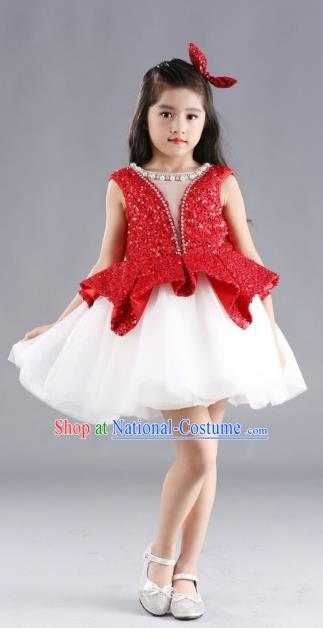 Traditional Chinese Modern Dancing Compere Costume, Children Opening Classic Chorus Singing Group Dance Red Paillette Full Dress, Modern Dance Classic Dance Bubble Dress for Girls Kids