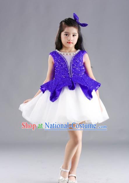 Traditional Chinese Modern Dancing Compere Costume, Children Opening Classic Chorus Singing Group Dance Blue Paillette Full Dress, Modern Dance Classic Dance Bubble Dress for Girls Kids