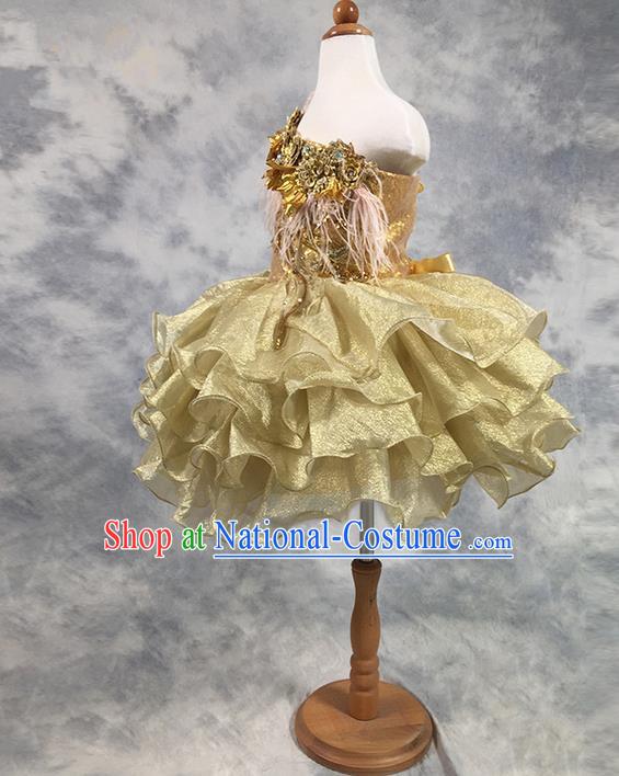 Traditional Chinese Modern Dancing Compere Costume, Children Opening Classic Chorus Singing Group Dance Princess Golden Paillette Full Dress, Modern Dance Classic Dance Bubble Dress for Girls Kids