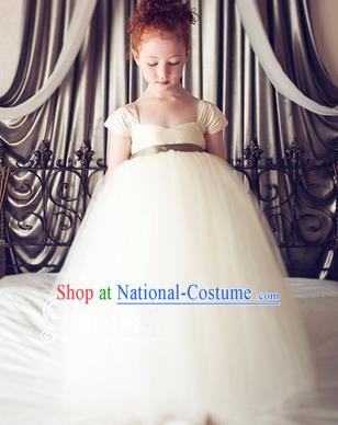 Traditional Chinese Modern Dancing Compere Costume, Children Opening Classic Chorus Singing Group Dance Princess White Veil Full Dress, Modern Dance Classic Dance Bubble Dress for Girls Kids