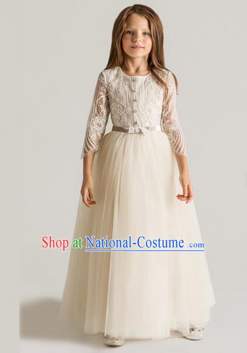 Traditional Chinese Modern Dancing Compere Performance Costume, Children Opening Classic Chorus Singing Group Dance Princess White Lace Full Dress, Modern Dance Classic Dance Dress for Girls Kids