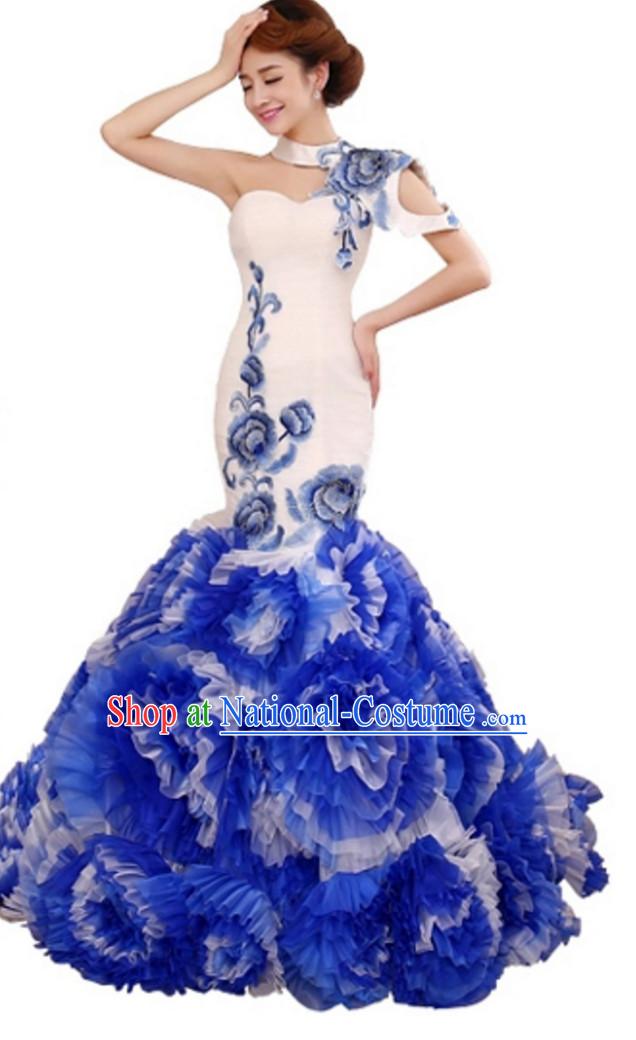 Top Stunning Beautiful Chinese Elegant Classical Cultural Blue White Long Trail Evening Dress Wedding Dress