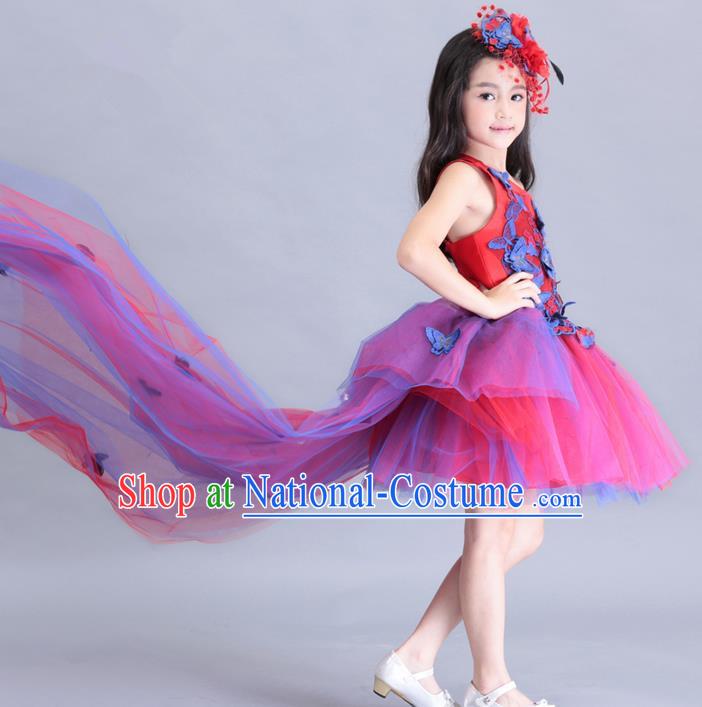 Top Grade Chinese Compere Performance Costume, Children Chorus Singing Group Embroidery Butterfly Red Full Dress Modern Dance Trailing Dress for Girls Kids