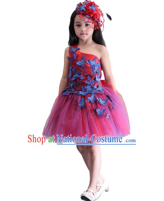 Top Grade Chinese Compere Performance Costume, Children Chorus Singing Group Embroidery Butterfly Red Full Dress Modern Dance Bubble Dress for Girls Kids