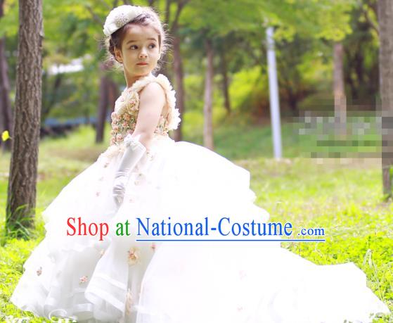 Top Grade Chinese Compere Performance Costume, Children Chorus Singing Group White Long Full Dress Modern Dance Flowers Trailing Dress for Girls Kids