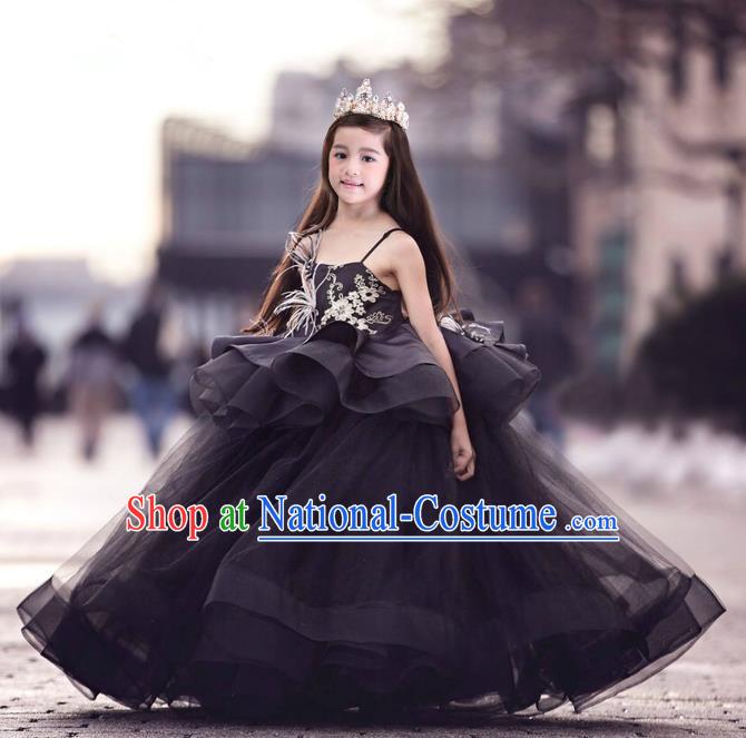 Top Grade Chinese Compere Performance Costume, Children Chorus Singing Group Black Long Full Dress Modern Dance Feather Big Swing Bubble Dress for Girls Kids