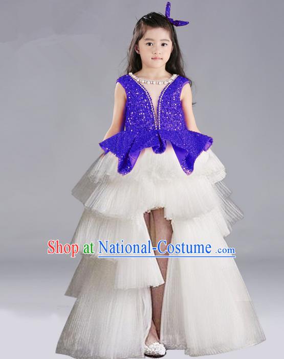 Top Grade Chinese Compere Performance Costume, Children Chorus Singing Group Blue Full Dress Modern Dance Trailing Bubble Short Dress for Girls Kids