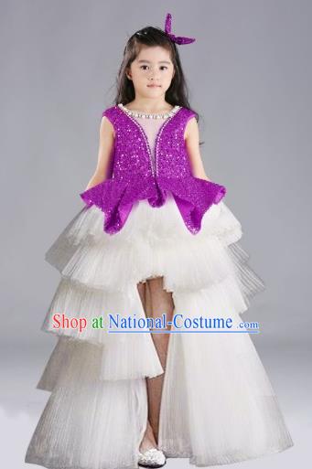 Top Grade Chinese Compere Performance Costume, Children Chorus Singing Group Purple Full Dress Modern Dance Trailing Bubble Short Dress for Girls Kids