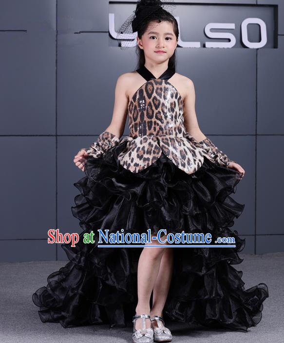 Top Grade Chinese Compere Performance Costume, Children Chorus Singing Group Black Veil Full Dress Modern Dance Leopard Trailing Bubble Short Dress for Girls Kids