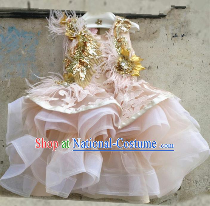 Top Grade Chinese Compere Performance Costume, Children Chorus Singing Group Champagne Ostrich Hair Full Dress Modern Dance Leopard Bubble Short Dress for Girls Kids