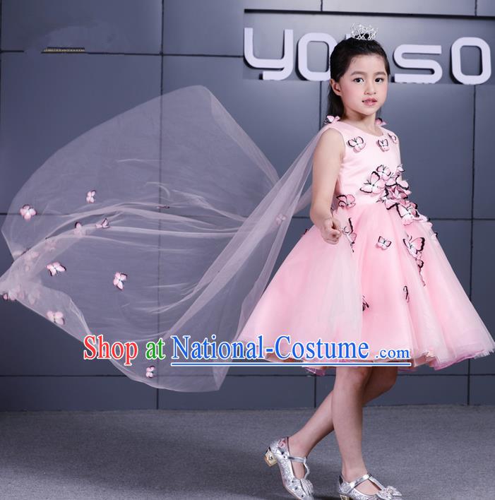 Top Grade Chinese Compere Performance Costume, Children Chorus Singing Group Pink Three-dimensional Butterfly Full Dress Modern Dance Bubble Short Dress for Girls Kids