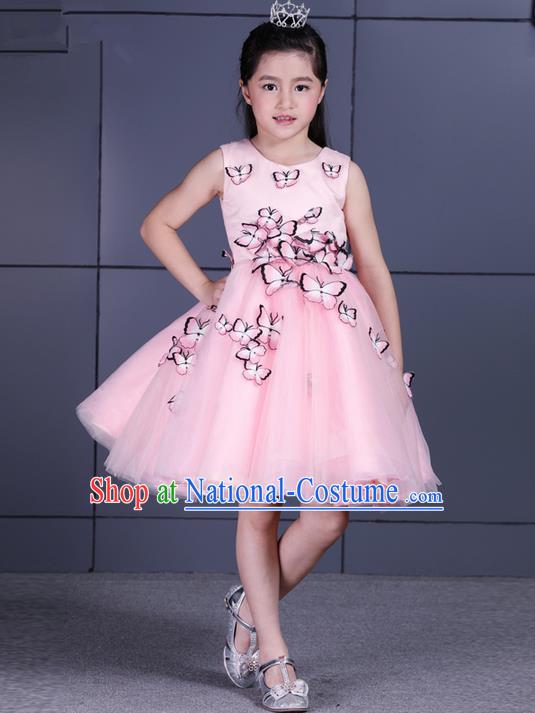 Top Grade Chinese Compere Performance Costume, Children Chorus Singing Group Pink Three-dimensional Butterfly Full Dress Modern Dance Bubble Short Dress for Girls Kids