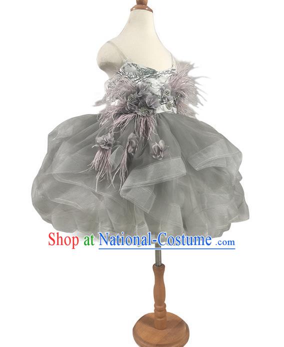 Top Grade Chinese Compere Performance Costume, Children Chorus Singing Group Baby Princess Grey Full Dress Modern Dance Bubble Short Dress for Girls Kids