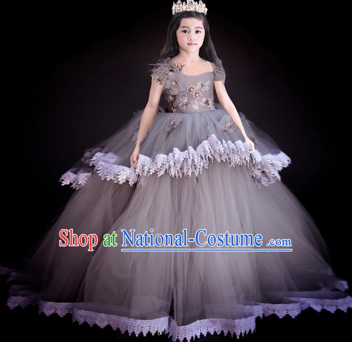 Top Grade Chinese Compere Performance Costume, Children Chorus Singing Group Baby Princess Full Dress Modern Dance Big Swing Long Veil Dress for Girls Kids