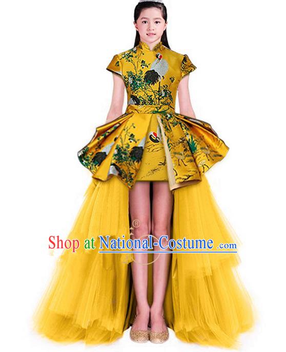 Top Grade Chinese Style Compere Performance Costume, Children Chorus Singing Group Stand Collar Full Dress Modern Dance Gold Long Veil Trailing Dress for Girls Kids