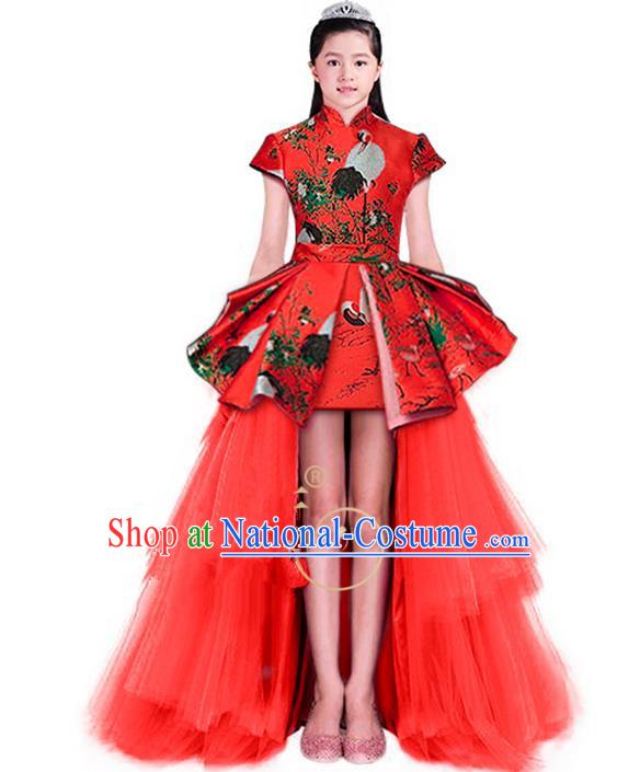 Top Grade Chinese Style Compere Performance Costume, Children Chorus Singing Group Stand Collar Full Dress Modern Dance Red Long Veil Trailing Dress for Girls Kids