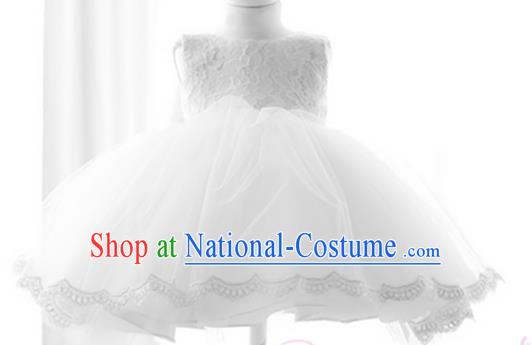 Top Grade Chinese Compere Performance Costume, Children Chorus Singing Group White Full Dress Modern Ballet Dance Short Veil Bubble Dress for Girls Kids