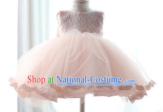 Top Grade Chinese Compere Performance Costume, Children Chorus Singing Group Pink Full Dress Modern Ballet Dance Short Veil Bubble Dress for Girls Kids