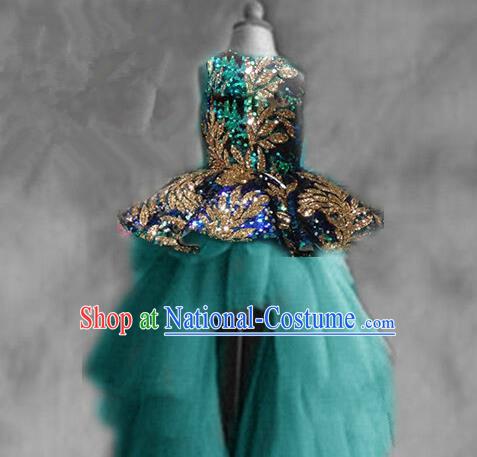 Top Grade Chinese Compere Catwalks Performance Costume, Children Chorus Singing Group Baby Princess Peacock Blue Full Dress Modern Dance Trailing Dress for Girls Kids