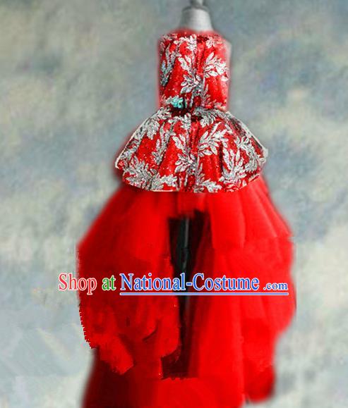 Top Grade Chinese Compere Catwalks Performance Costume, Children Chorus Singing Group Baby Princess Red Full Dress Modern Dance Trailing Dress for Girls Kids