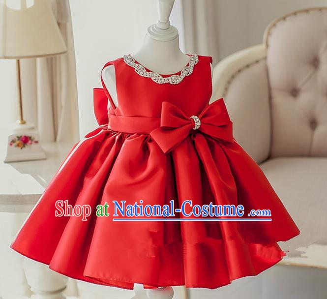 Top Grade Chinese Compere Catwalks Performance Costume, Children Chorus Singing Group Baby Princess Red Bubble Full Dress Modern Dance Short Dress for Girls Kids