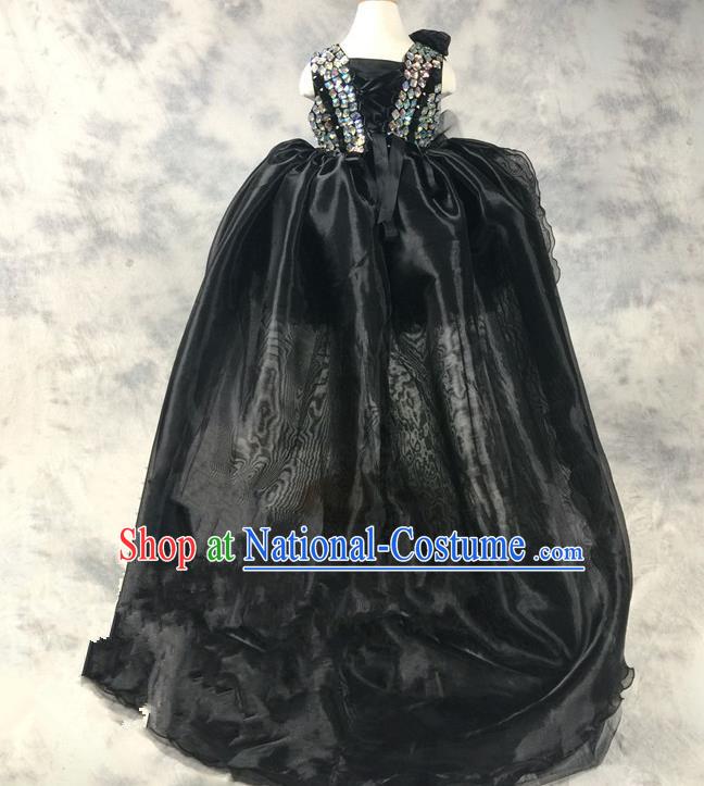 Top Grade Chinese Compere Catwalks Performance Costume, Children Chorus Singing Group Baby Princess Sequins Bubble Full Dress Modern Dance Black Trailing Dress for Girls Kids