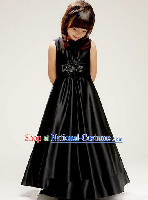 Top Grade Chinese Compere Performance Costume, Children Chorus Singing Group Baby Princess Black Full Dress Modern Dance Veil Bubble Cocktail Dress for Girls Kids