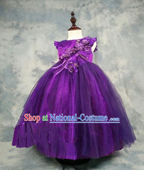 Top Grade Chinese Compere Piano Performance Costume, Children Chorus Singing Group Baby Princess Purple Full Dress Modern Dance Veil Bubble Long Dress for Girls Kids