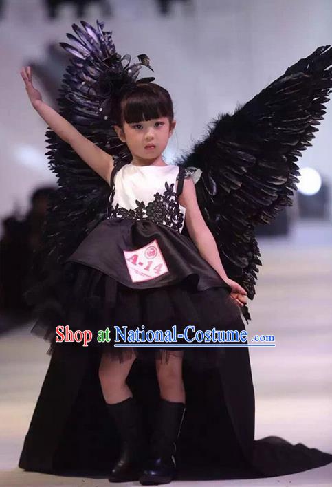 Top Grade Chinese Compere Piano Performance Costume, Children Chorus Singing Group Baby Princess Full Dress With Wings Modern Dance Veil Bubble Dress for Girls Kids