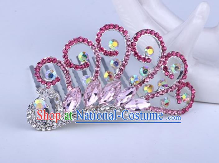 Top Grade Handmade Classical Peacock Hair Accessories, Children Baroque Style Crystal Hairpins Rhinestone Princess Pink Royal Crown Hair Jewellery Hair Clasp for Kids Girls