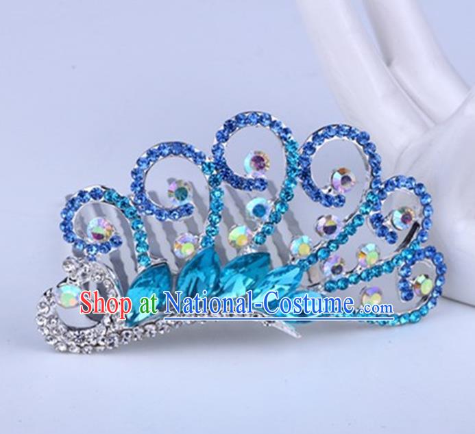 Top Grade Handmade Classical Peacock Hair Accessories, Children Baroque Style Crystal Hairpins Rhinestone Princess Blue Royal Crown Hair Jewellery Hair Clasp for Kids Girls