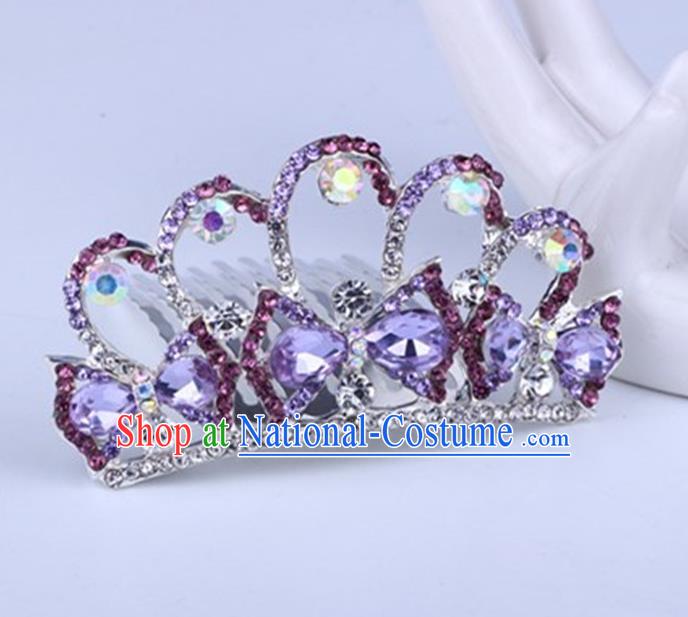 Top Grade Handmade Classical Swan Hair Accessories, Children Baroque Style Crystal Hairpins Rhinestone Princess Purple Royal Crown Hair Jewellery Hair Clasp for Kids Girls