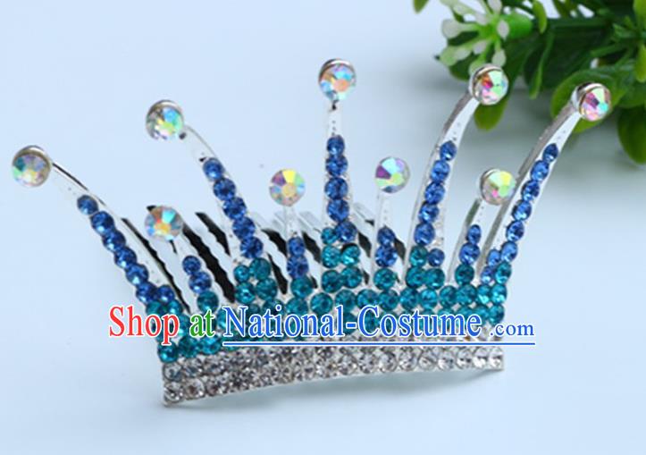 Top Grade Handmade Classical Hair Accessories Hair Comb, Children Baroque Style Crystal Hairpins Rhinestone Princess Blue Royal Crown Hair Jewellery Hair Clasp for Kids Girls