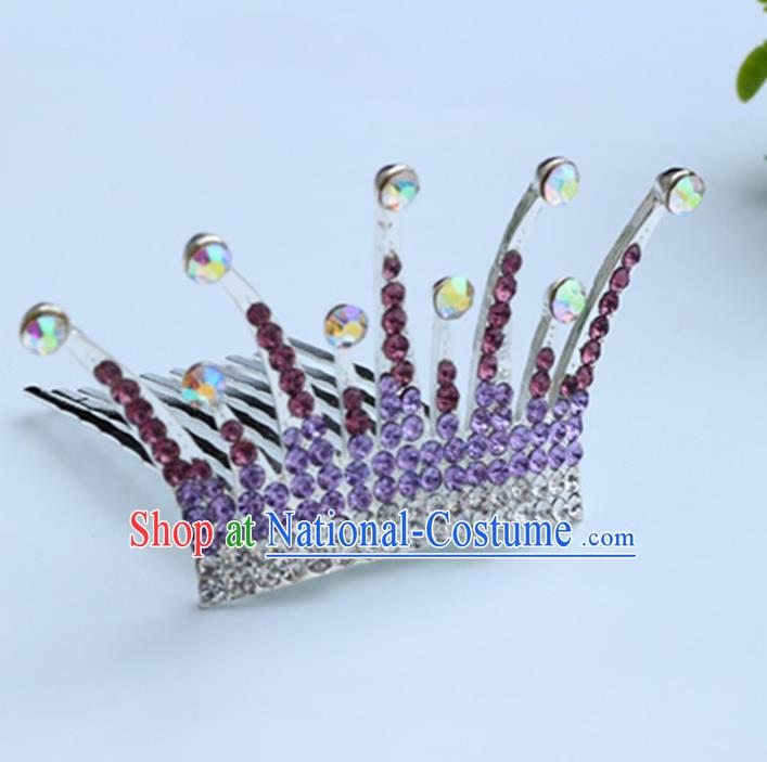 Top Grade Handmade Classical Hair Accessories Hair Comb, Children Baroque Style Crystal Hairpins Rhinestone Princess Purple Royal Crown Hair Jewellery Hair Clasp for Kids Girls