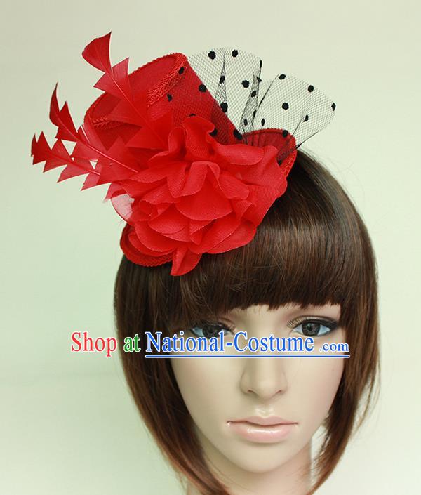 Top Grade Handmade Classical Top Hat, Children Baroque Style Queen Party Headwear Red Lace Hat for Kids Girls