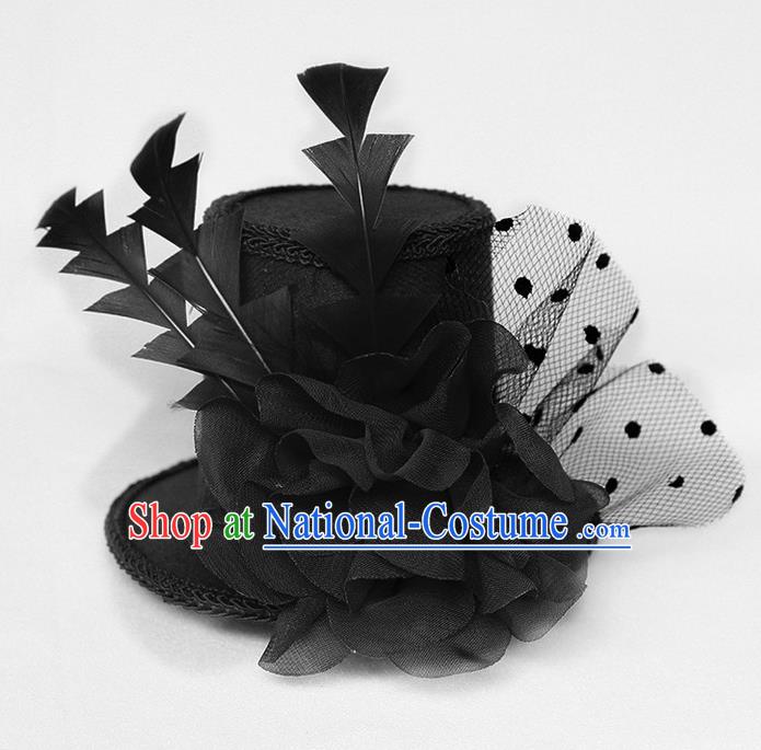 Top Grade Handmade Classical Top Hat, Children Baroque Style Queen Party Headwear Black Lace Hat for Kids Girls